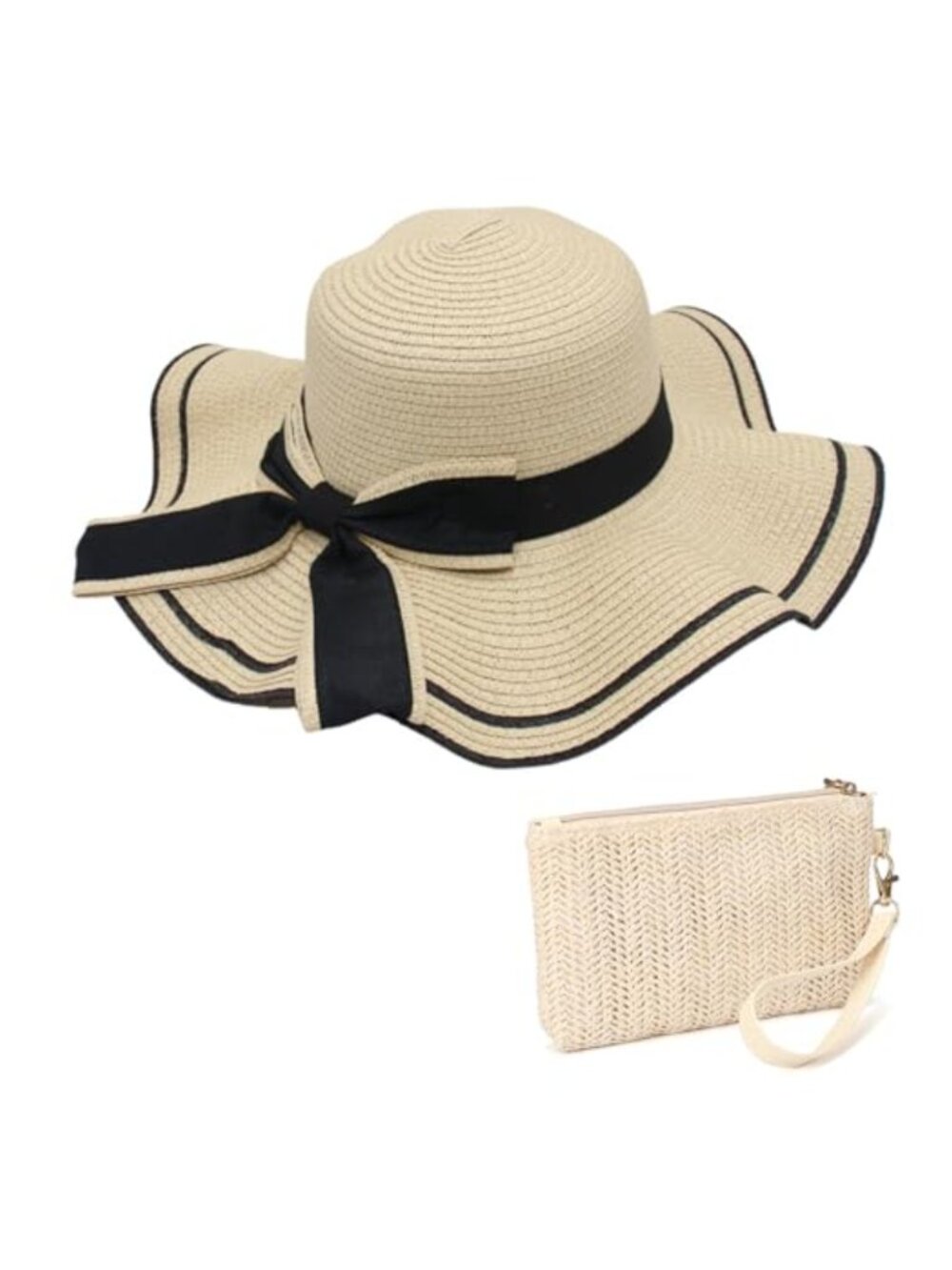 Paper Straw Sun Hat & Clutch Set Wide Brim UPF 50 Beach Travel